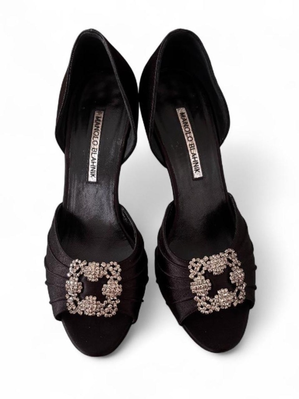 Black Satin Manolo Blahnik Cassido D'orsay Peep Toe Heels